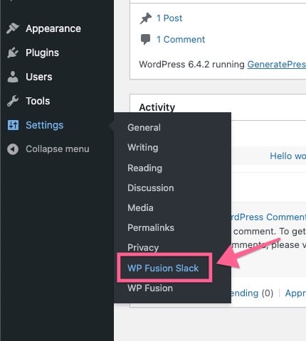 Hover over Settings and press on WP Fusion Slack